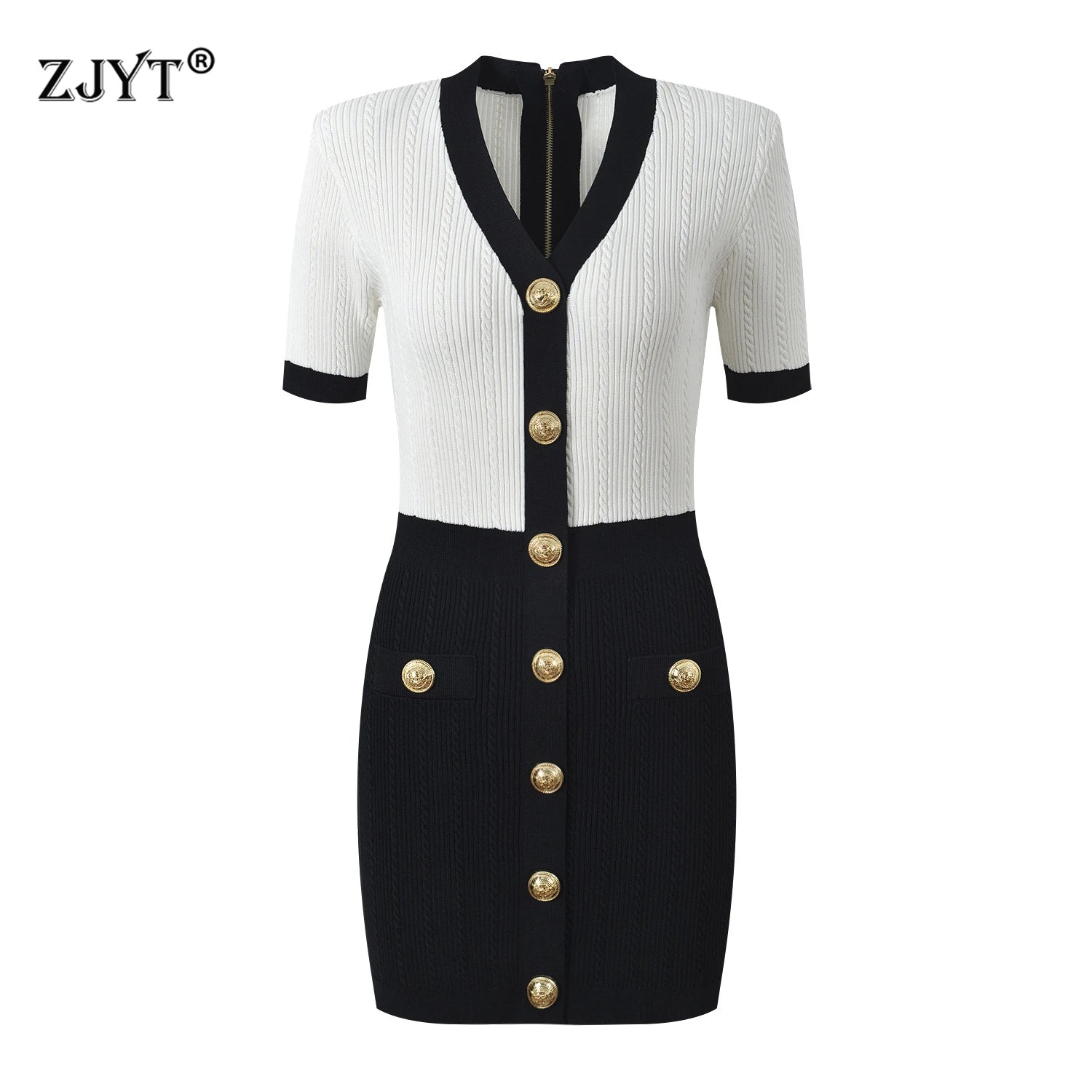 Contrast Panel Knit Mini Dress with Gold Button Detail