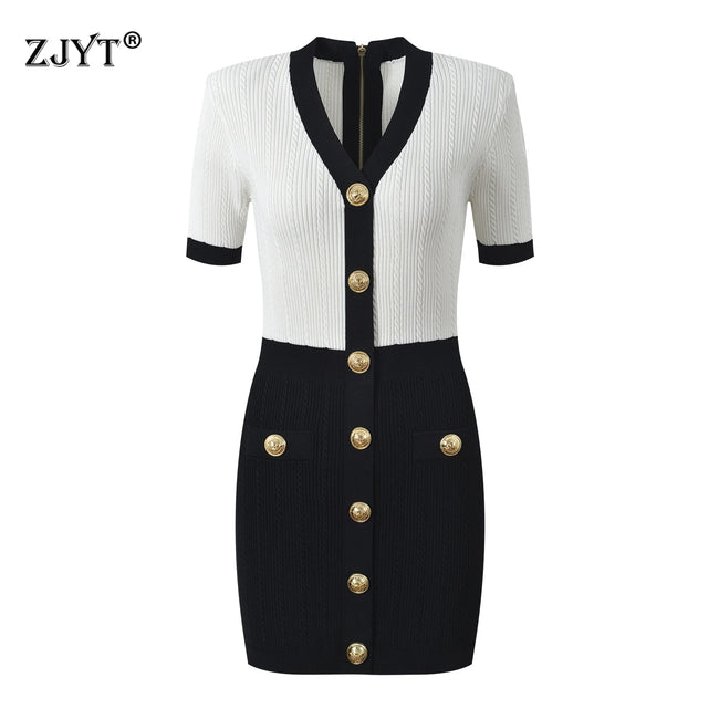 Contrast Panel Knit Mini Dress with Gold Button Detail Main Image