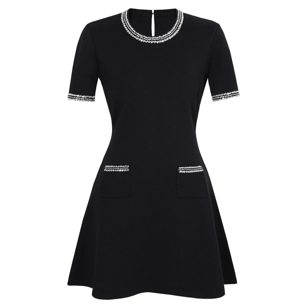 Embellished Trim Knit A-Line Mini Dress