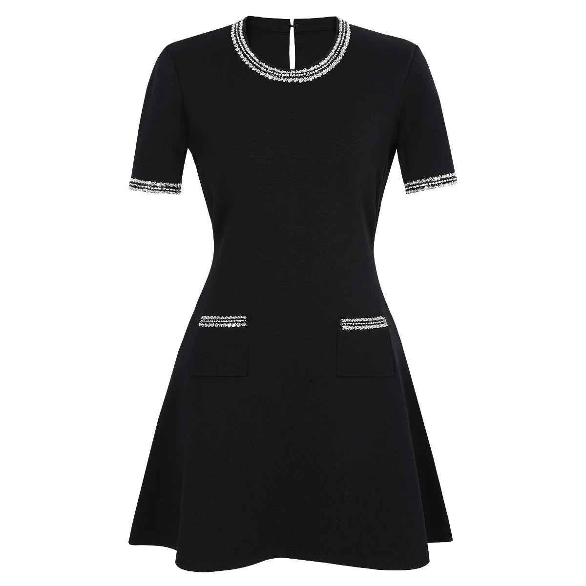 Embellished Trim Knit A-Line Mini Dress