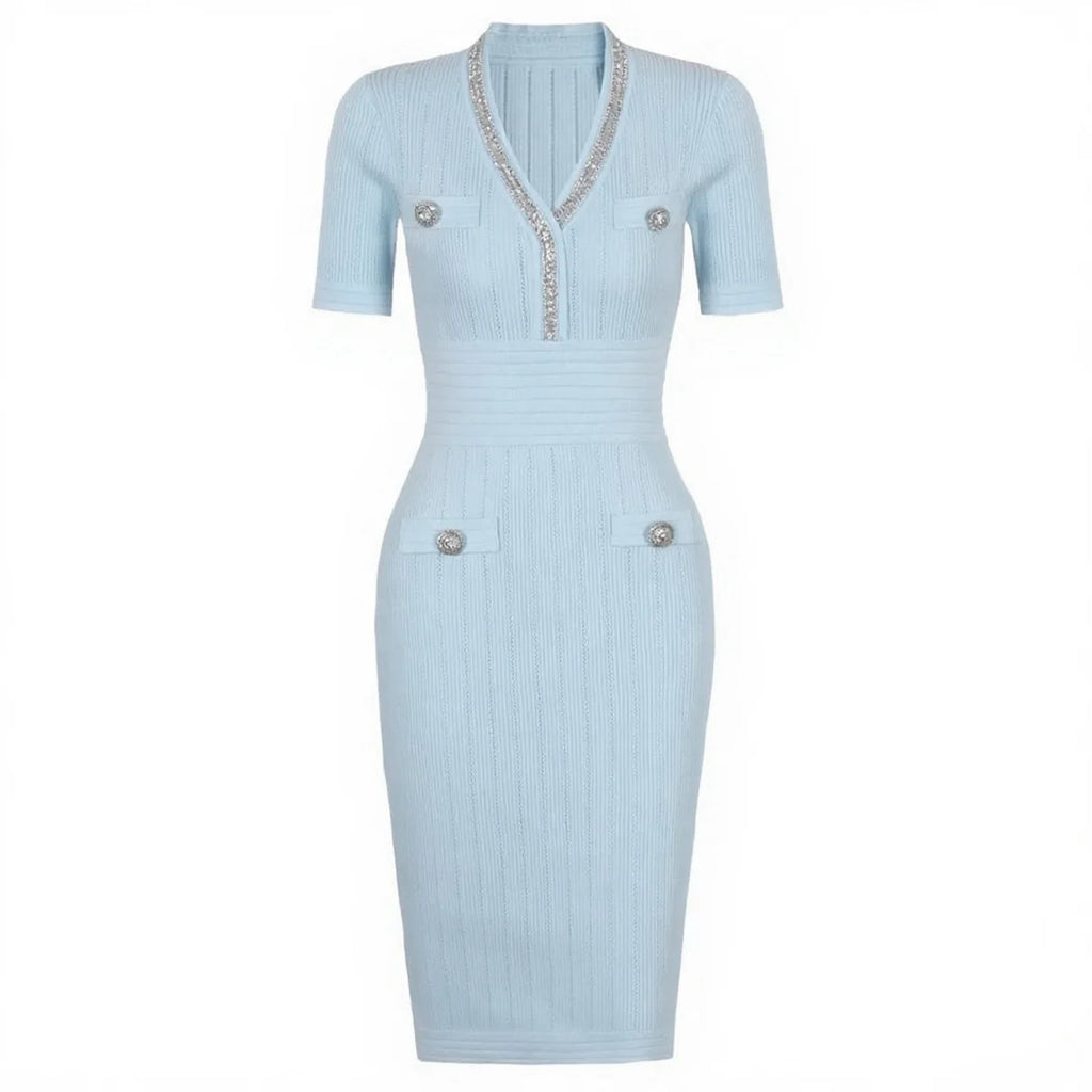 Embellished Trim Ribbed Knit Midi Dress