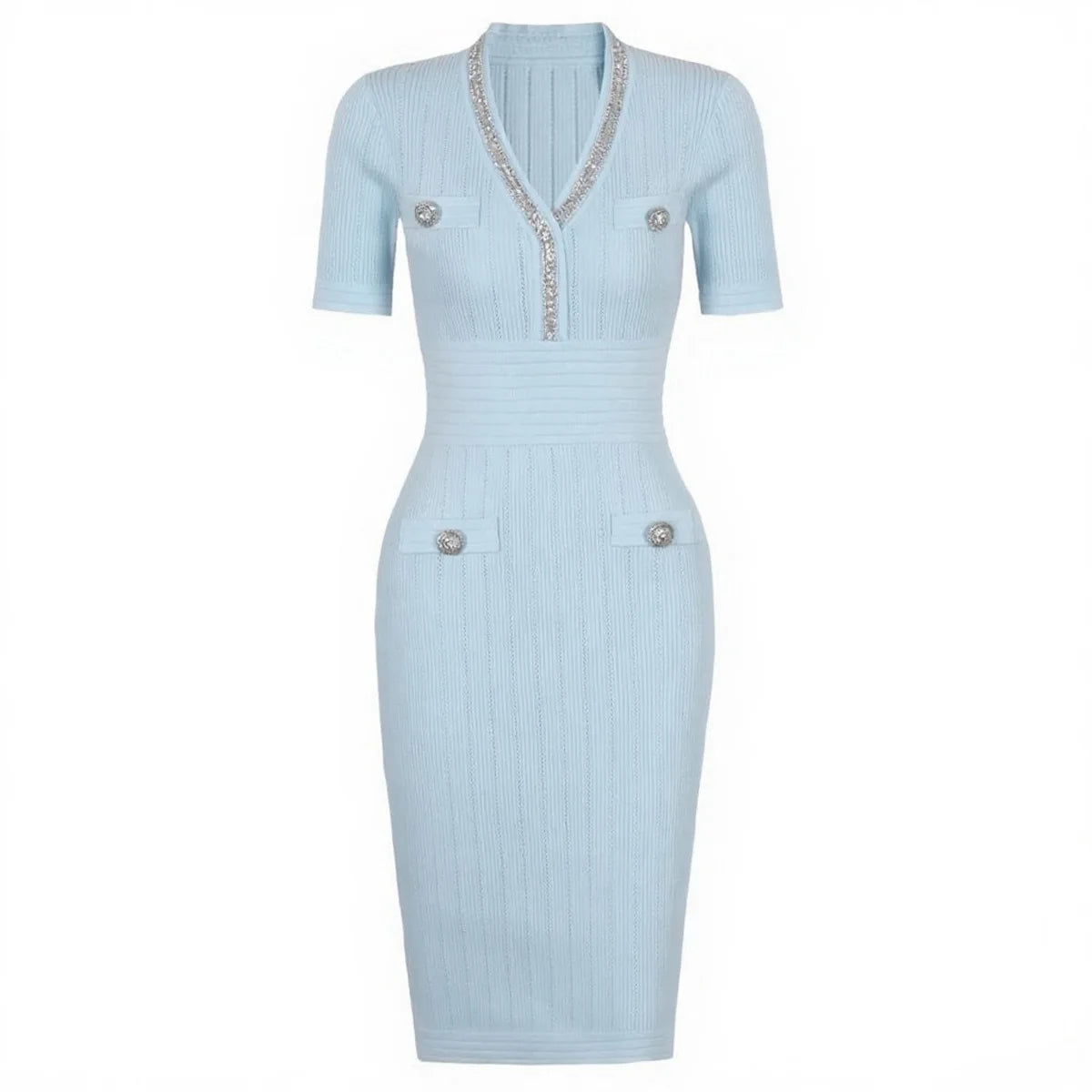 Embellished Trim Ribbed Knit Midi Dress