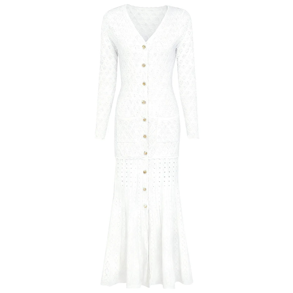 Button Front Textured Knit Fishtail Dress