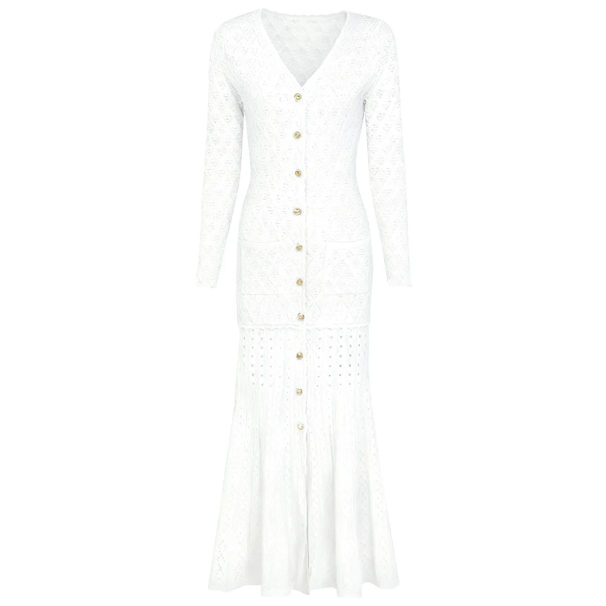 Button Front Textured Knit Fishtail Dress