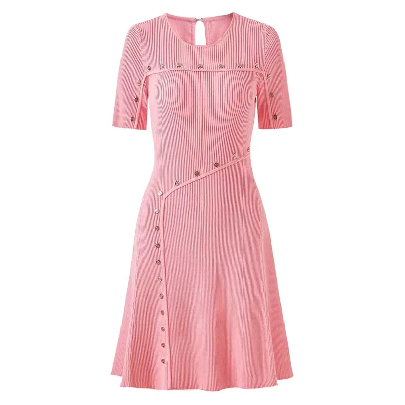 Asymmetric Button-Detail Ribbed Knit Dress