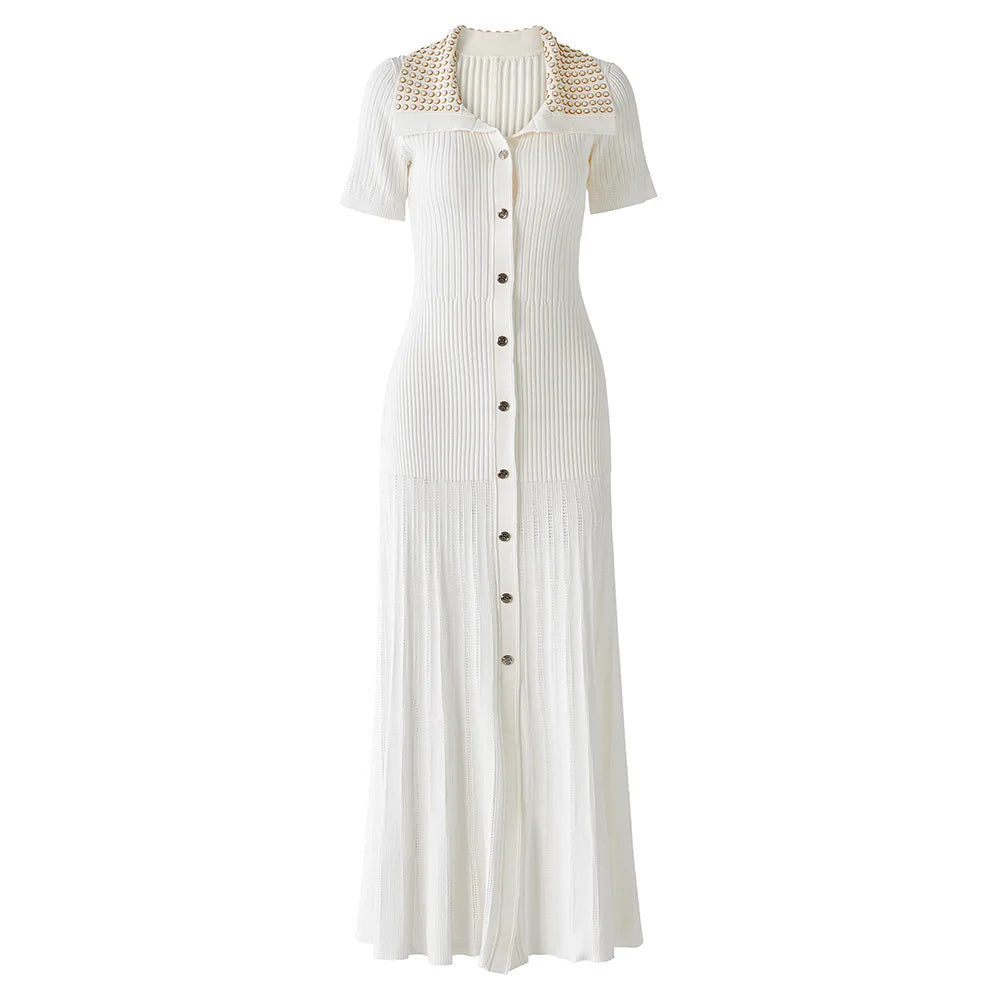 Embellished Collar Ribbed Button-Down Maxi Dress