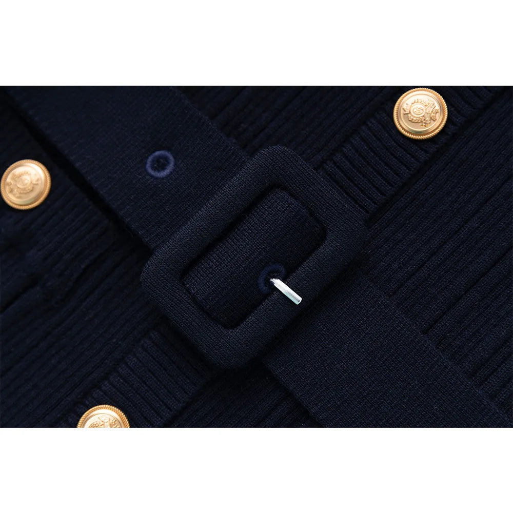 Chic Ribbed Knit Dress with Gold Buttons