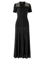 Embellished Collar Ribbed Button-Down Maxi Dress