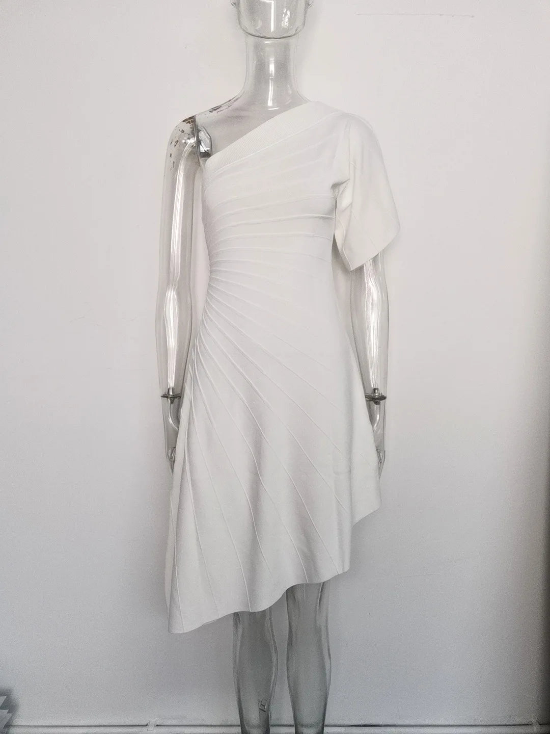 One-Shoulder Asymmetric Ribbed Midi Dress