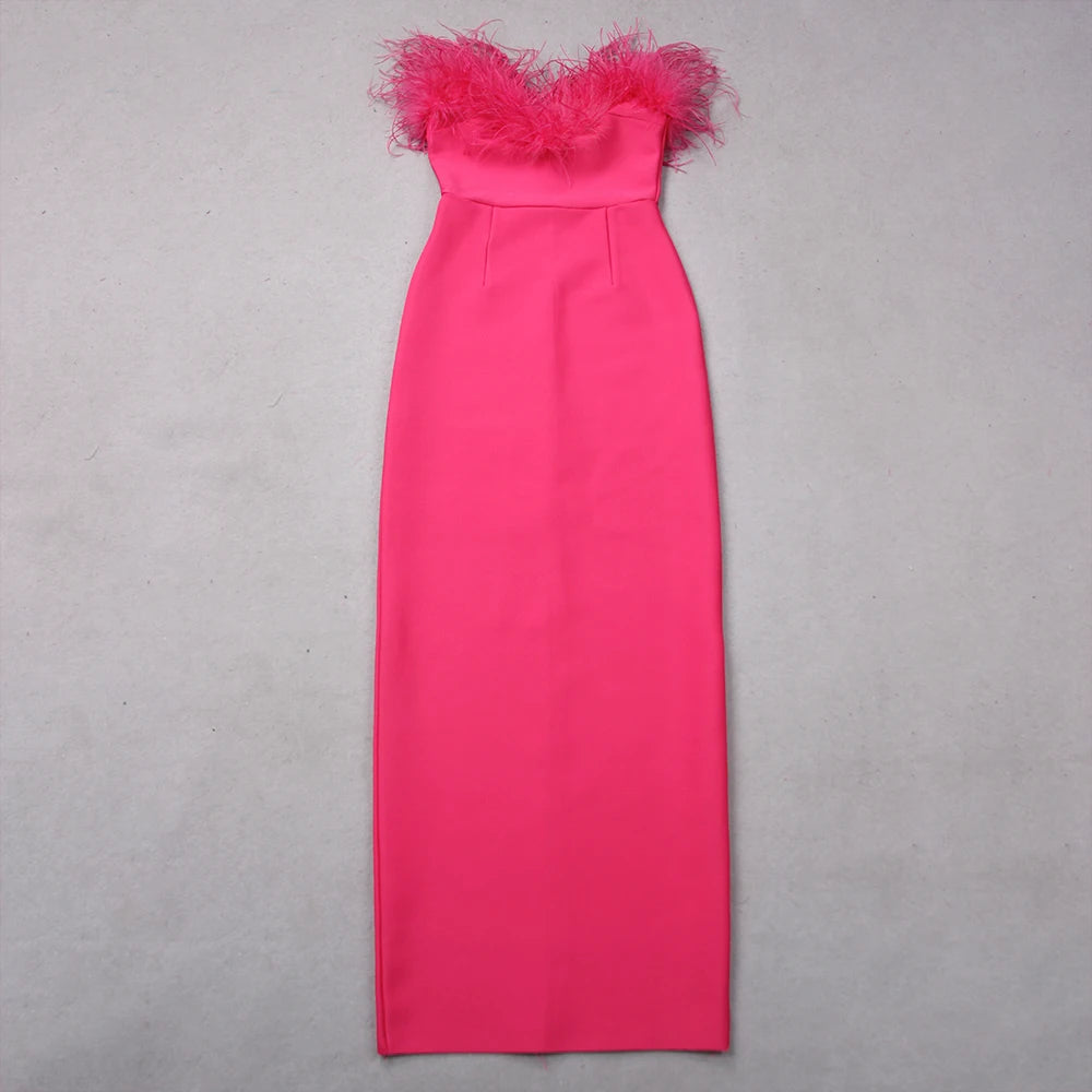 Feather Trim Strapless Column Gown
