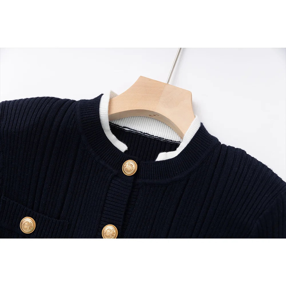 Chic Ribbed Knit Dress with Gold Buttons