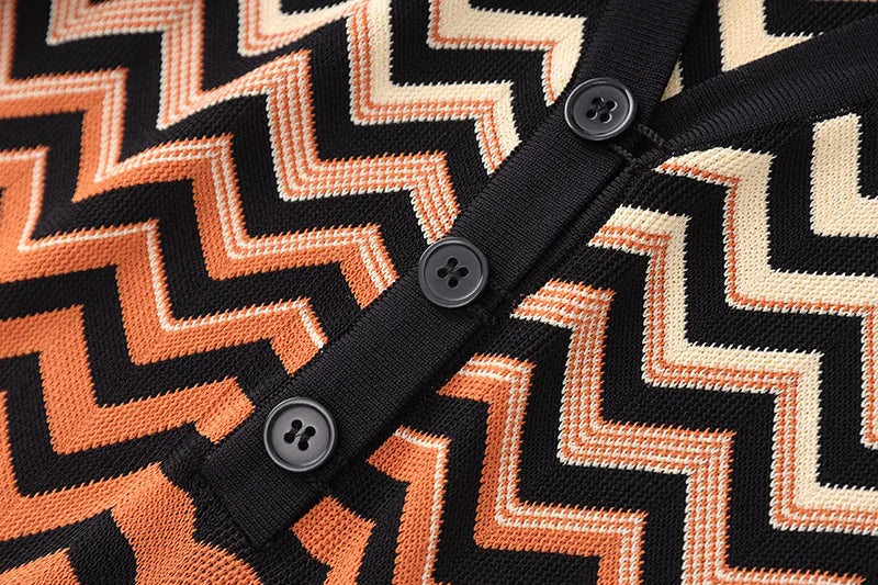 Chevron Pattern Button-Front Knit Maxi Dress