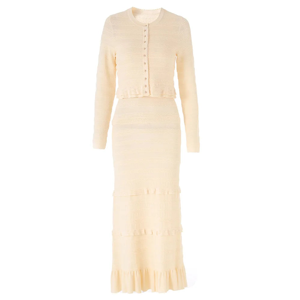 Ruffled Trim Knit Cardigan and Maxi Skirt Set