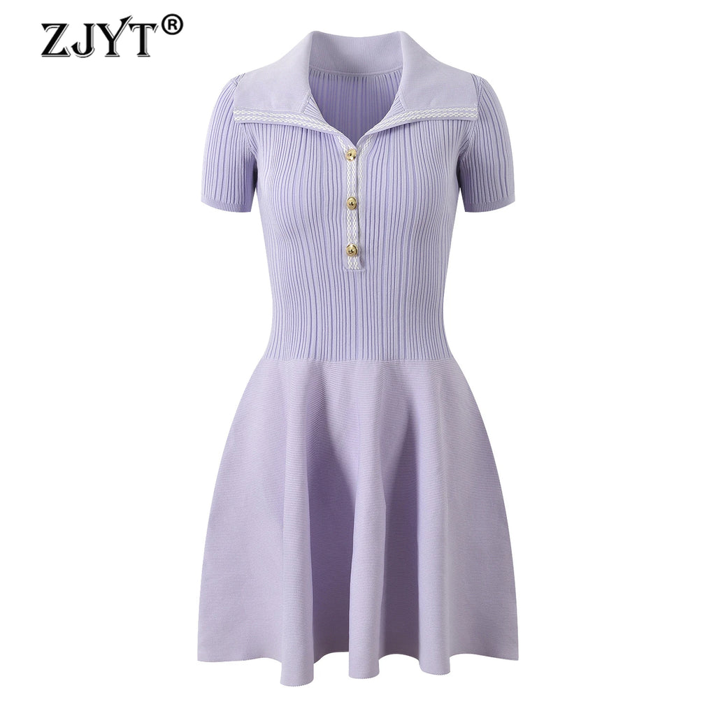 Collared Ribbed Knit Button-Front Mini Dress