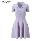 Collared Ribbed Knit Button-Front Mini Dress