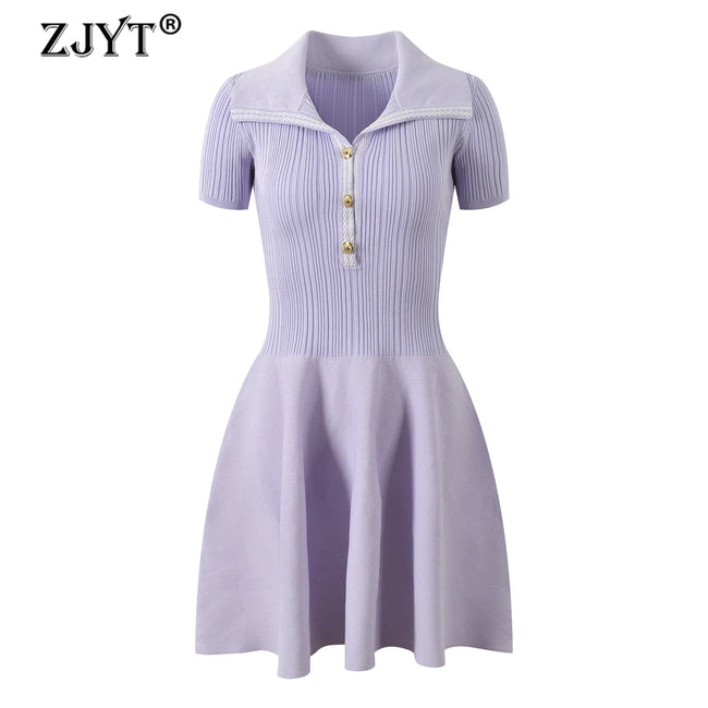 Collared Ribbed Knit Button-Front Mini Dress Main Image