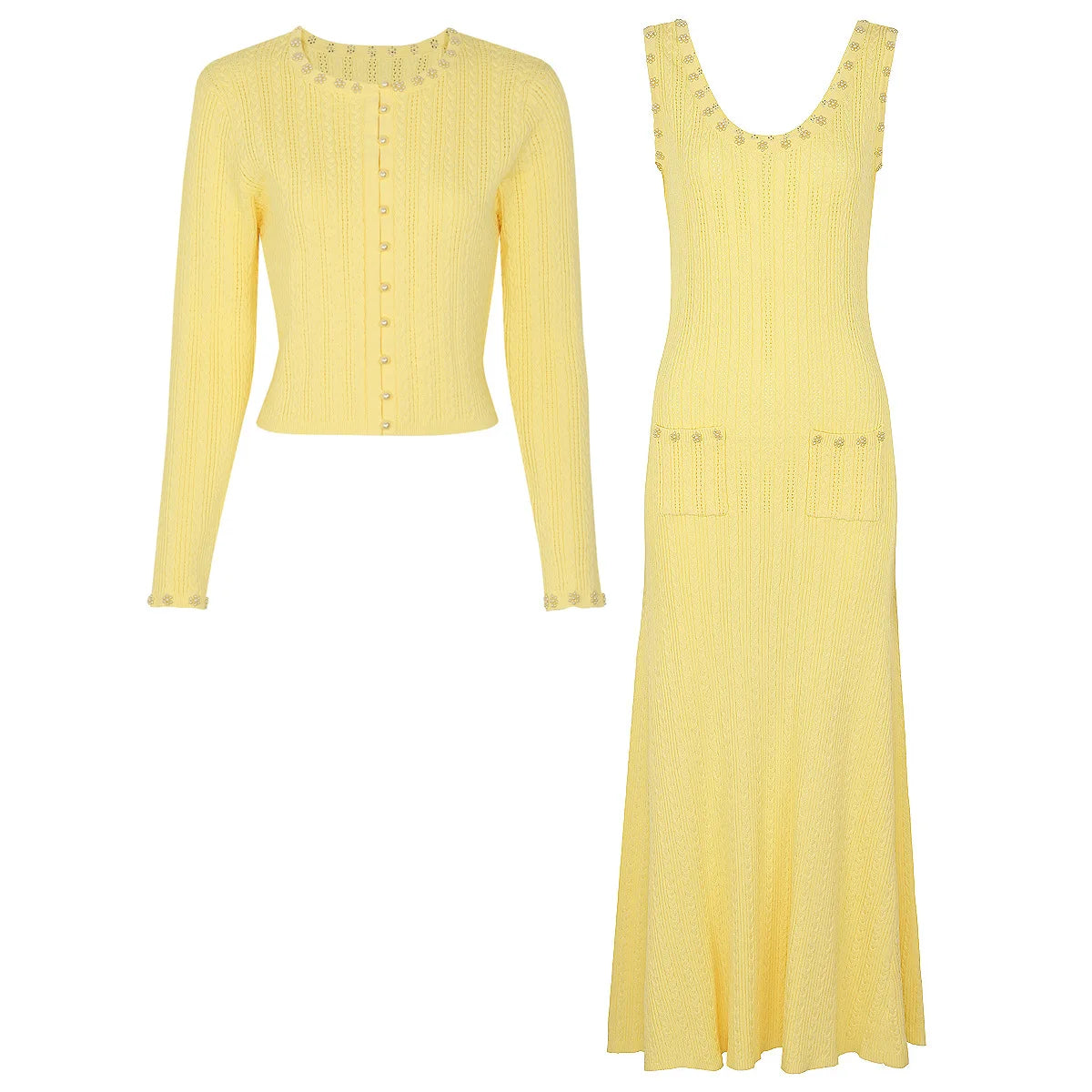 Embellished Trim Knit Dress and Cardigan Set