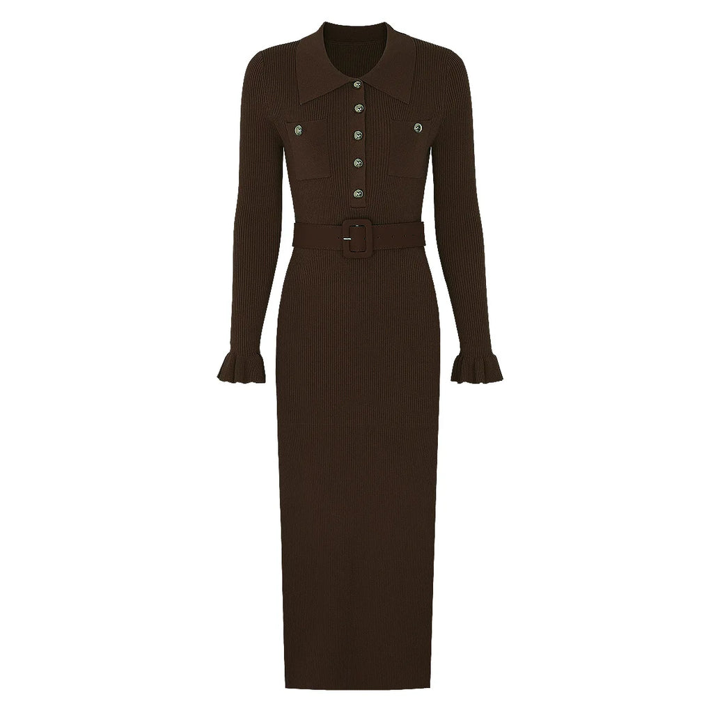Belted Ribbed Knit Midi Dress with Button Detail