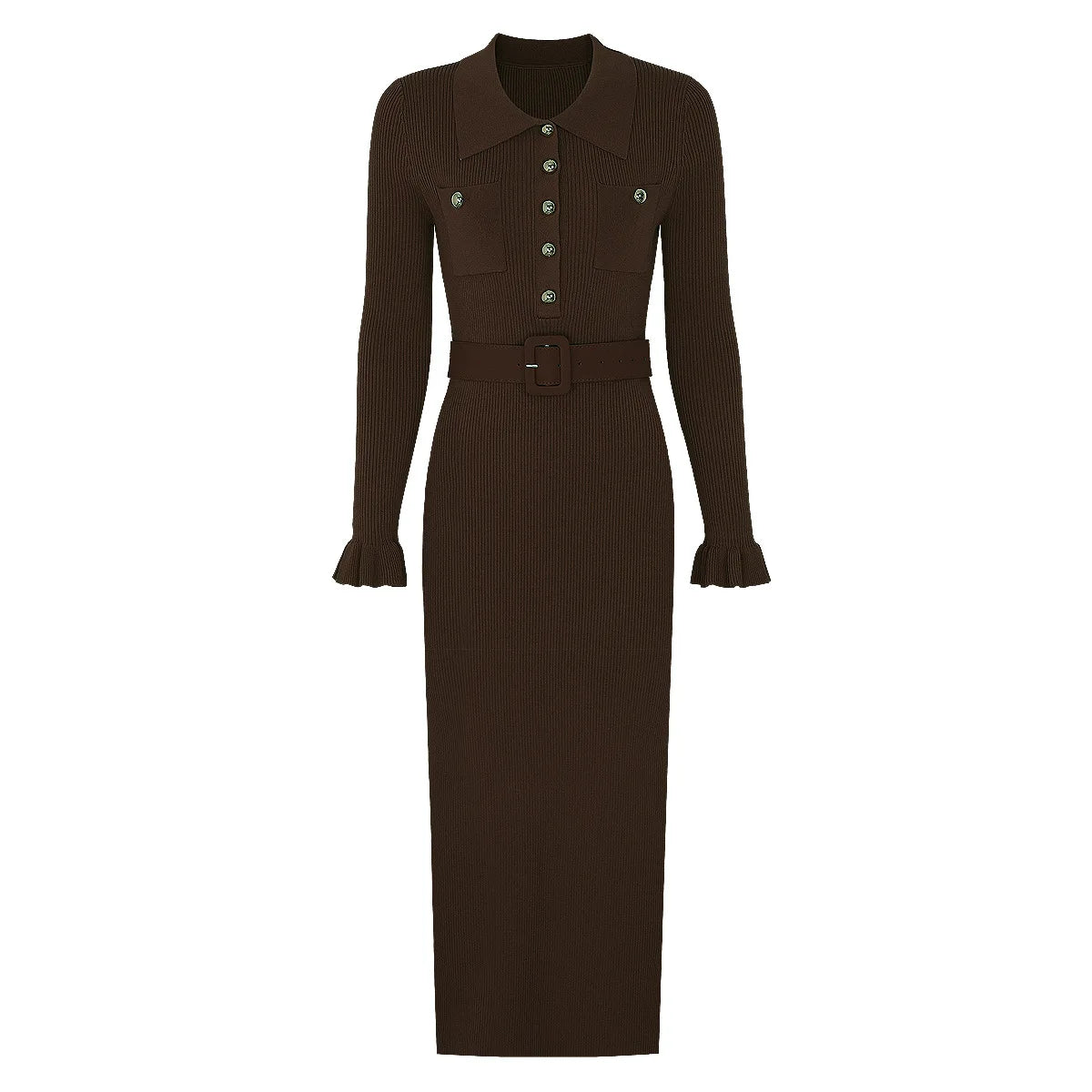 Belted Ribbed Knit Midi Dress with Button Detail