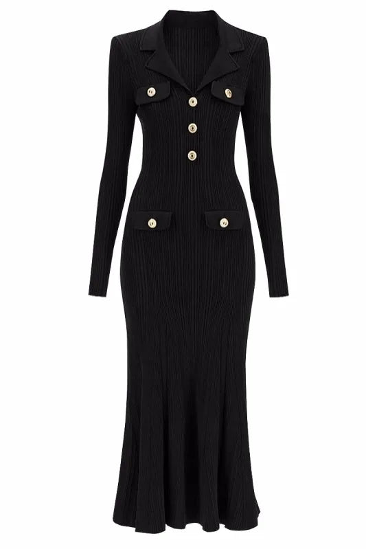Long Sleeve Collared Knit Midi Maxi Dress