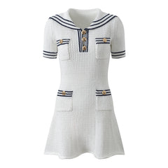 Textured Knit Mini Dress with Nautical Collar and Pocket Accents