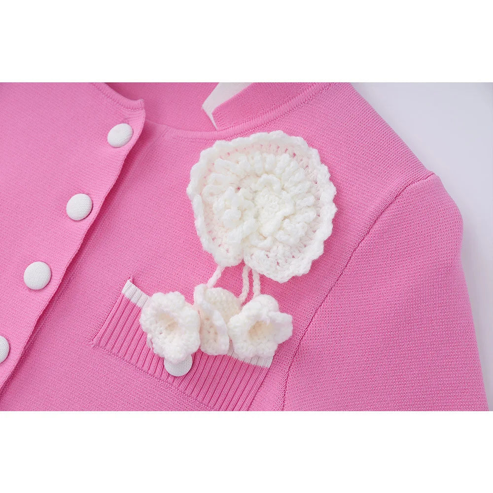 Button-Front Knit Midi Dress with Contrast Trim and Floral Accent