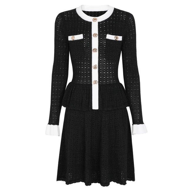 Contrast Trim Button-Front Knit Peplum Dress Main Image
