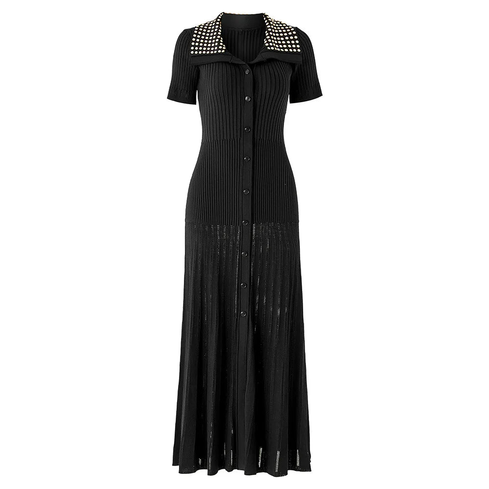Embellished Collar Ribbed Button-Down Maxi Dress