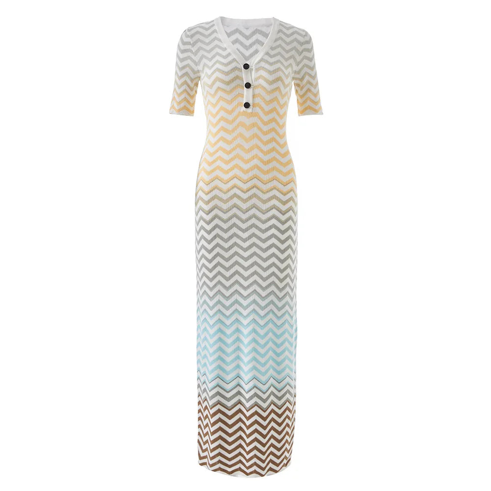 Chevron Pattern Button-Front Knit Maxi Dress
