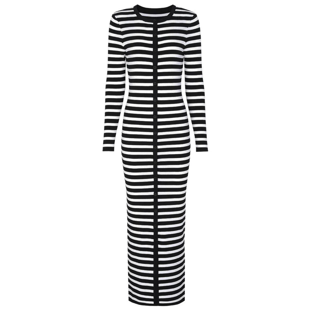 Long Sleeve Horizontal Stripe Bodycon Maxi Dress