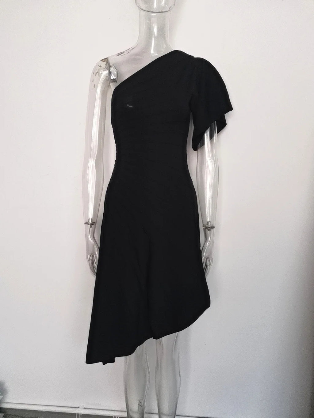 One-Shoulder Asymmetric Ribbed Midi Dress