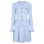 Contrast Trim Button-Front Knit Peplum Dress