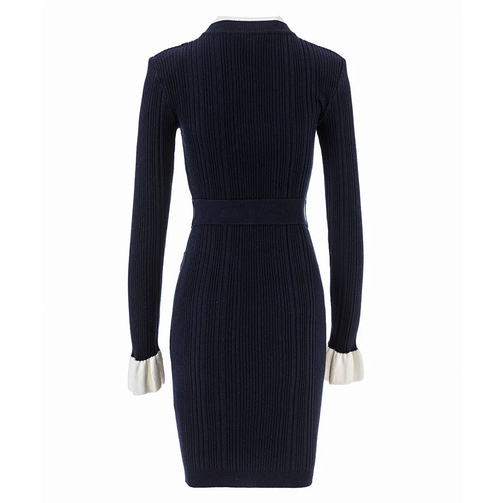 Chic Ribbed Knit Dress with Gold Buttons