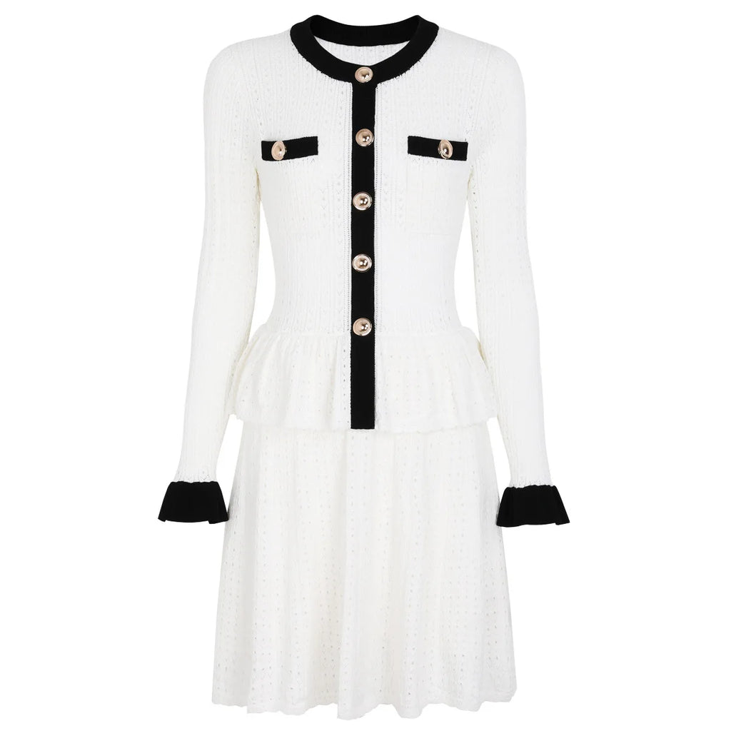 Contrast Trim Button-Front Knit Peplum Dress