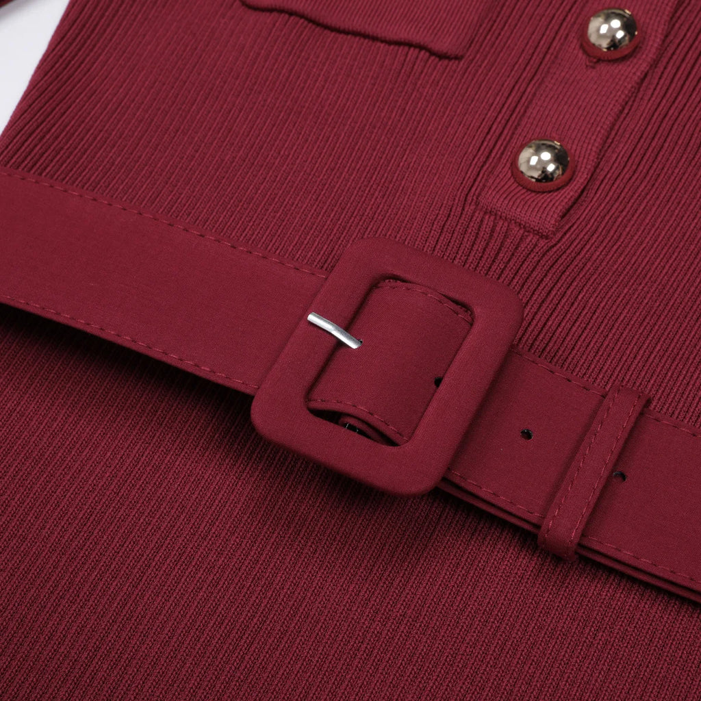 Belted Ribbed Knit Midi Dress with Button Detail