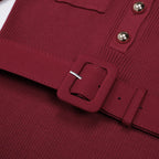 Belted Ribbed Knit Midi Dress with Button Detail