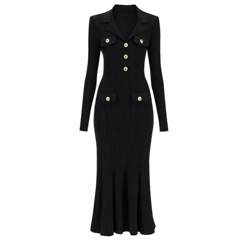 Long Sleeve Collared Knit Midi Maxi Dress