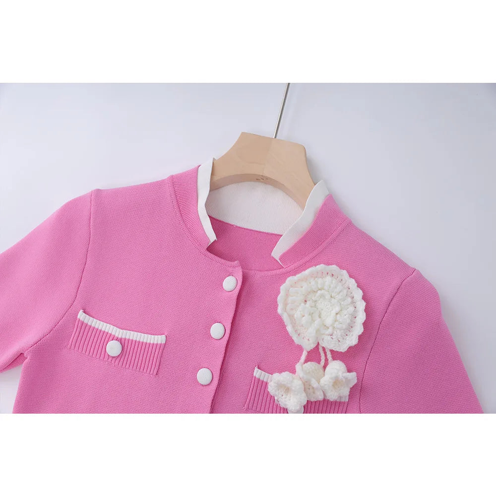 Button-Front Knit Midi Dress with Contrast Trim and Floral Accent