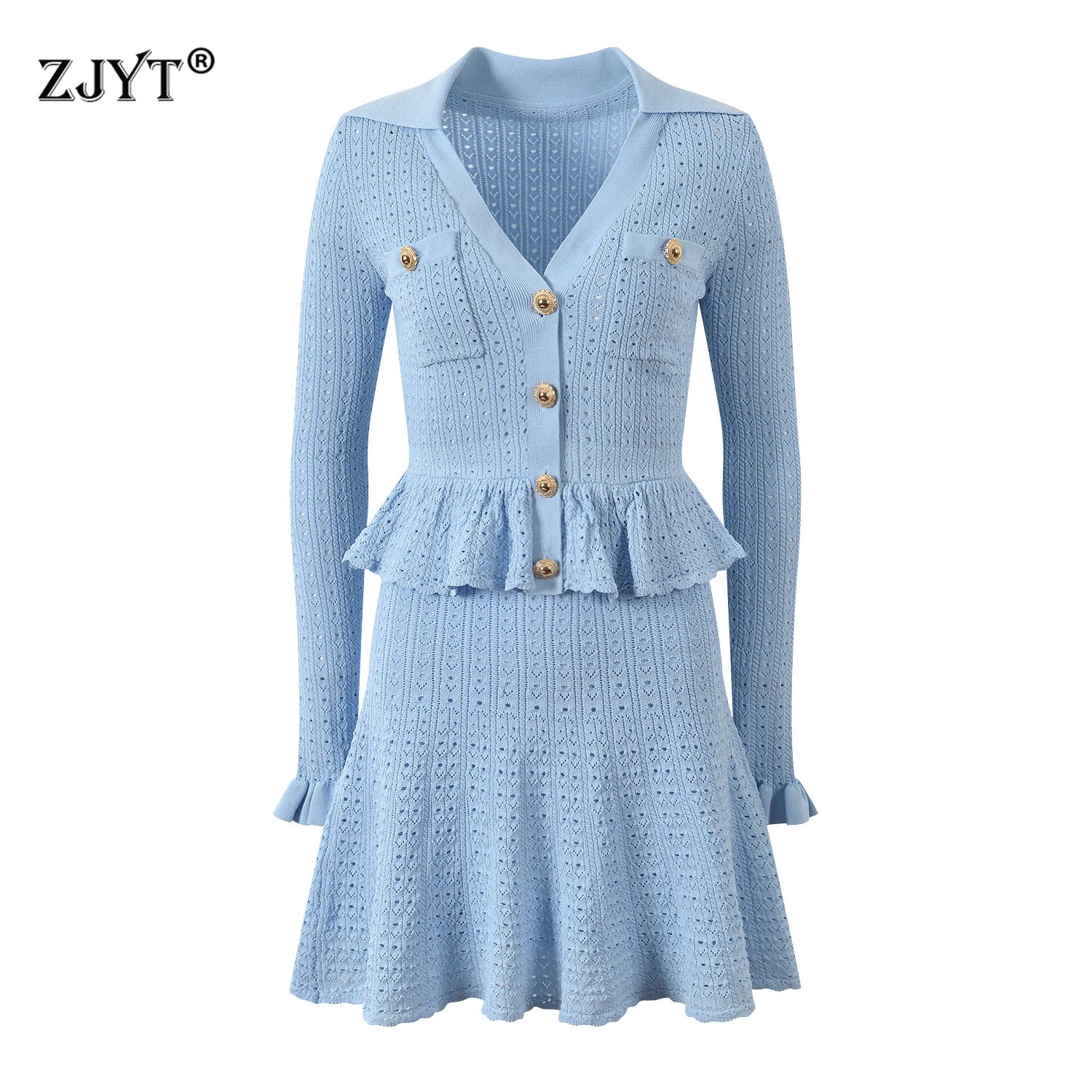 Button-Front Knit Peplum Dress with Flared Cuffs