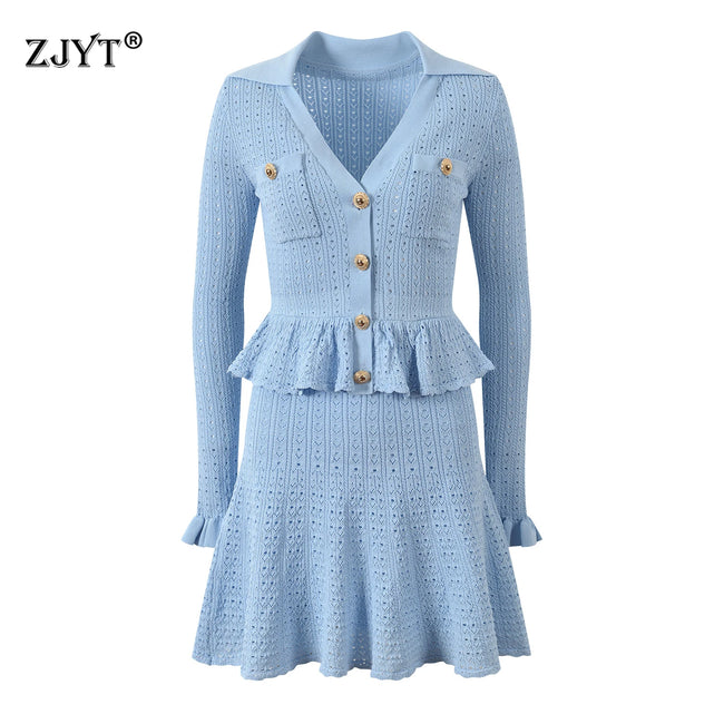 Button-Front Knit Peplum Dress with Flared Cuffs Main Image