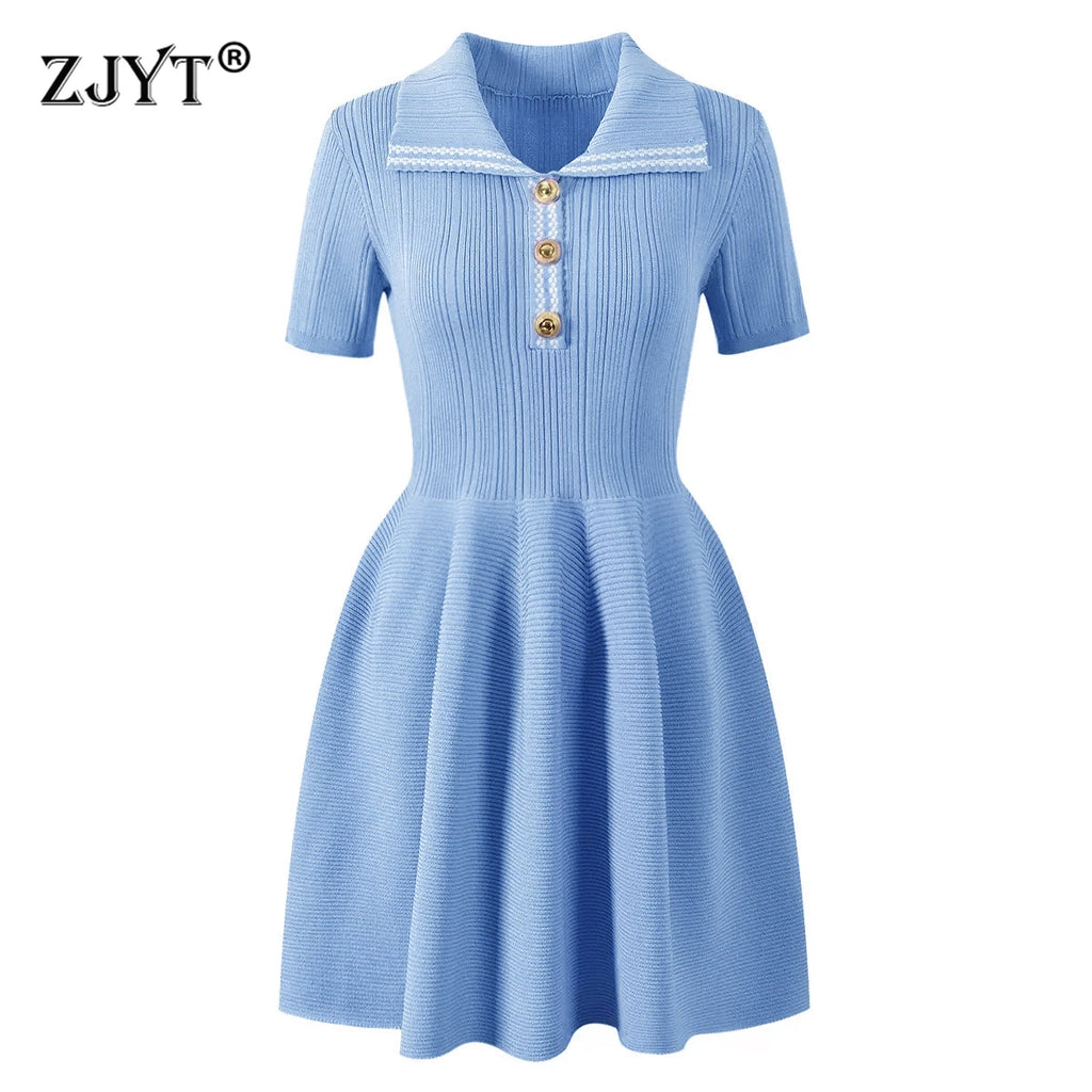 Collared Ribbed Knit Fit-and-Flare Mini Dress