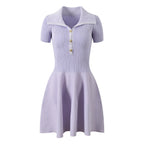 Collared Ribbed Knit Button-Front Mini Dress