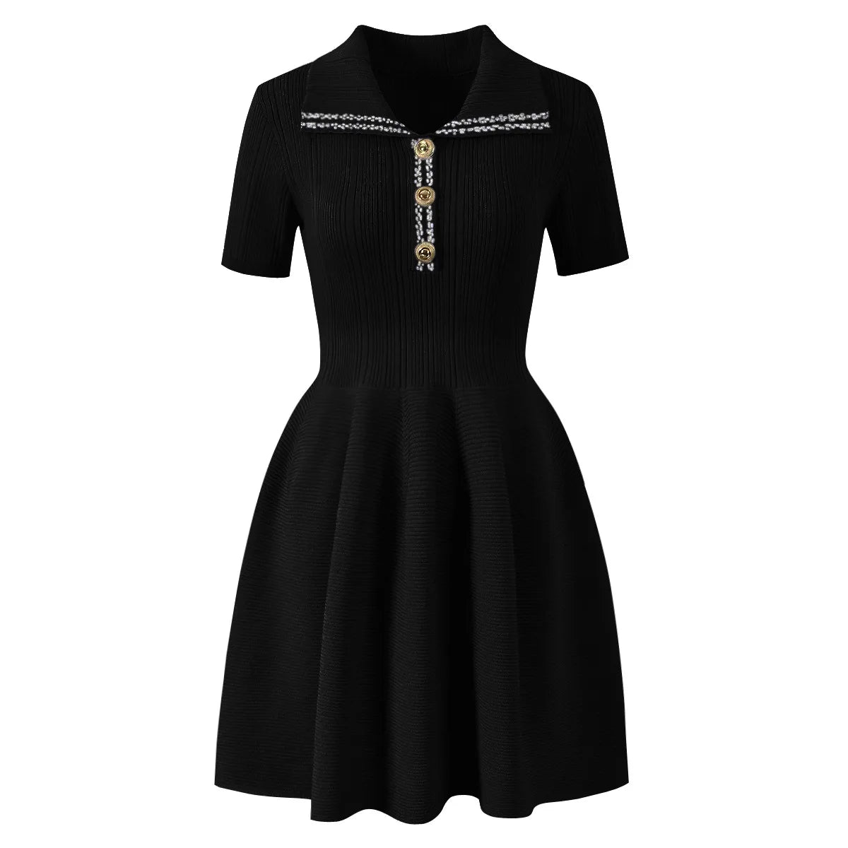 Collared Ribbed Knit Fit-and-Flare Mini Dress
