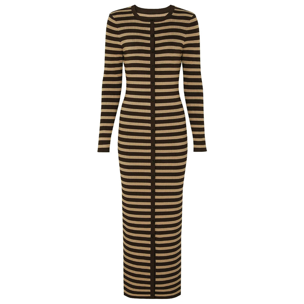 Long Sleeve Horizontal Stripe Bodycon Maxi Dress