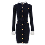 Chic Ribbed Knit Dress with Gold Buttons