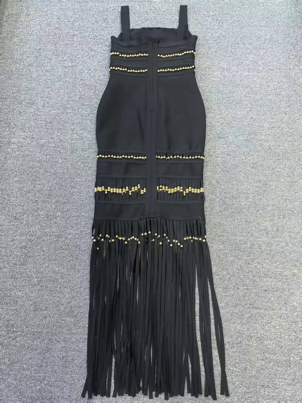 Fringe Hem Embellished Bandage Maxi Dress