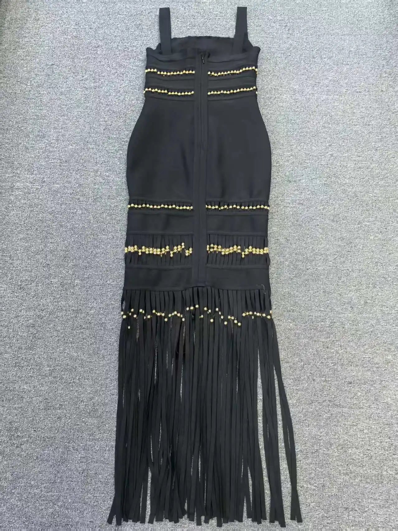Fringe Hem Embellished Bandage Maxi Dress