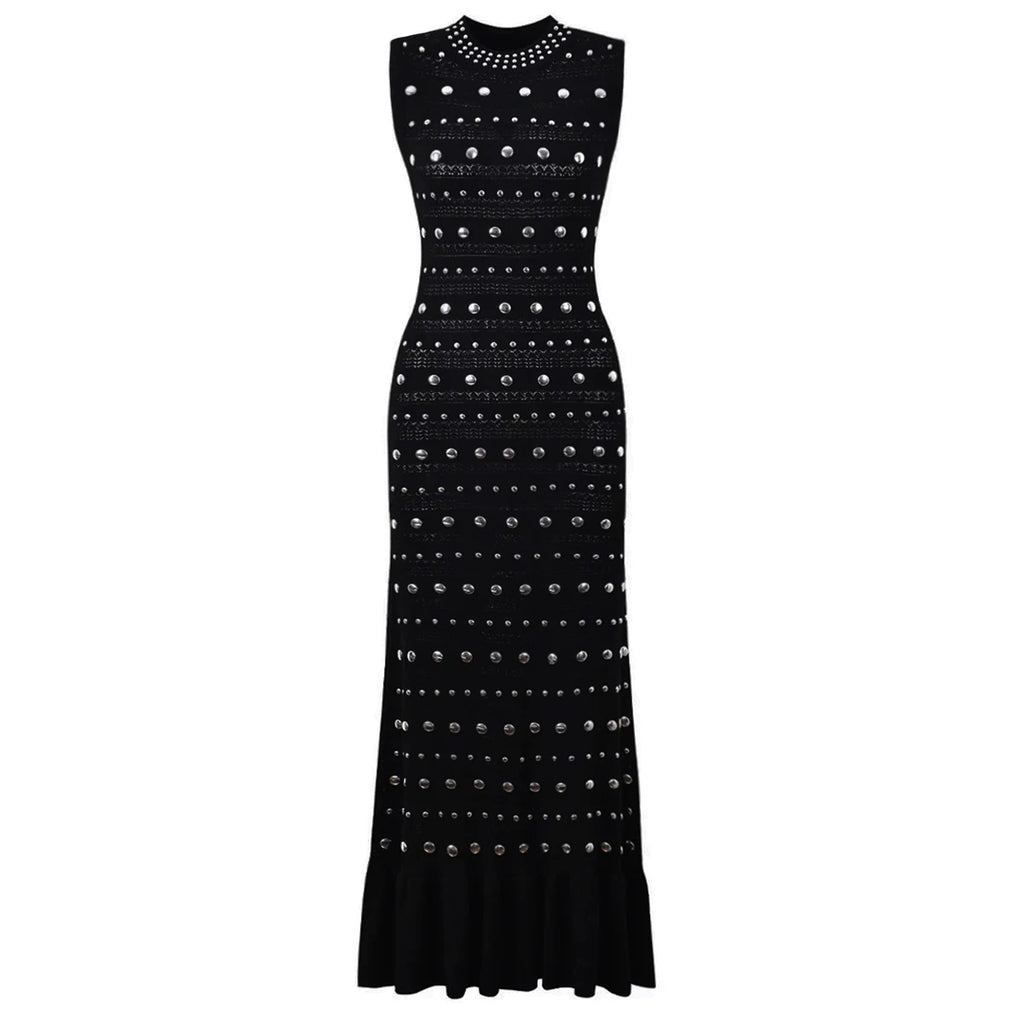 Embellished Knit Crochet Gown with Flounce Hem