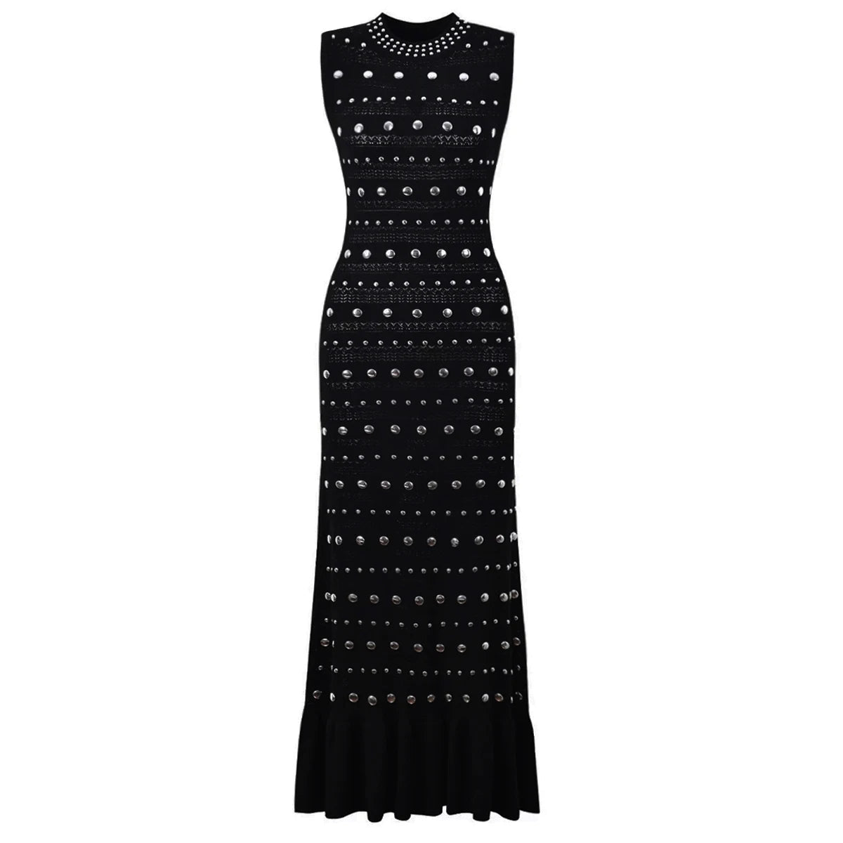 Embellished Knit Crochet Gown with Flounce Hem