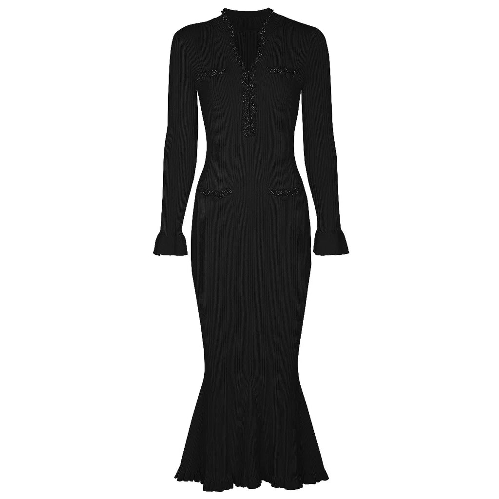 Ruffle Trim Ribbed Knit Mermaid Maxi Dress